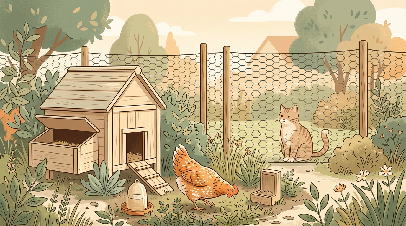 Chat et poules au jardin — cohabitation