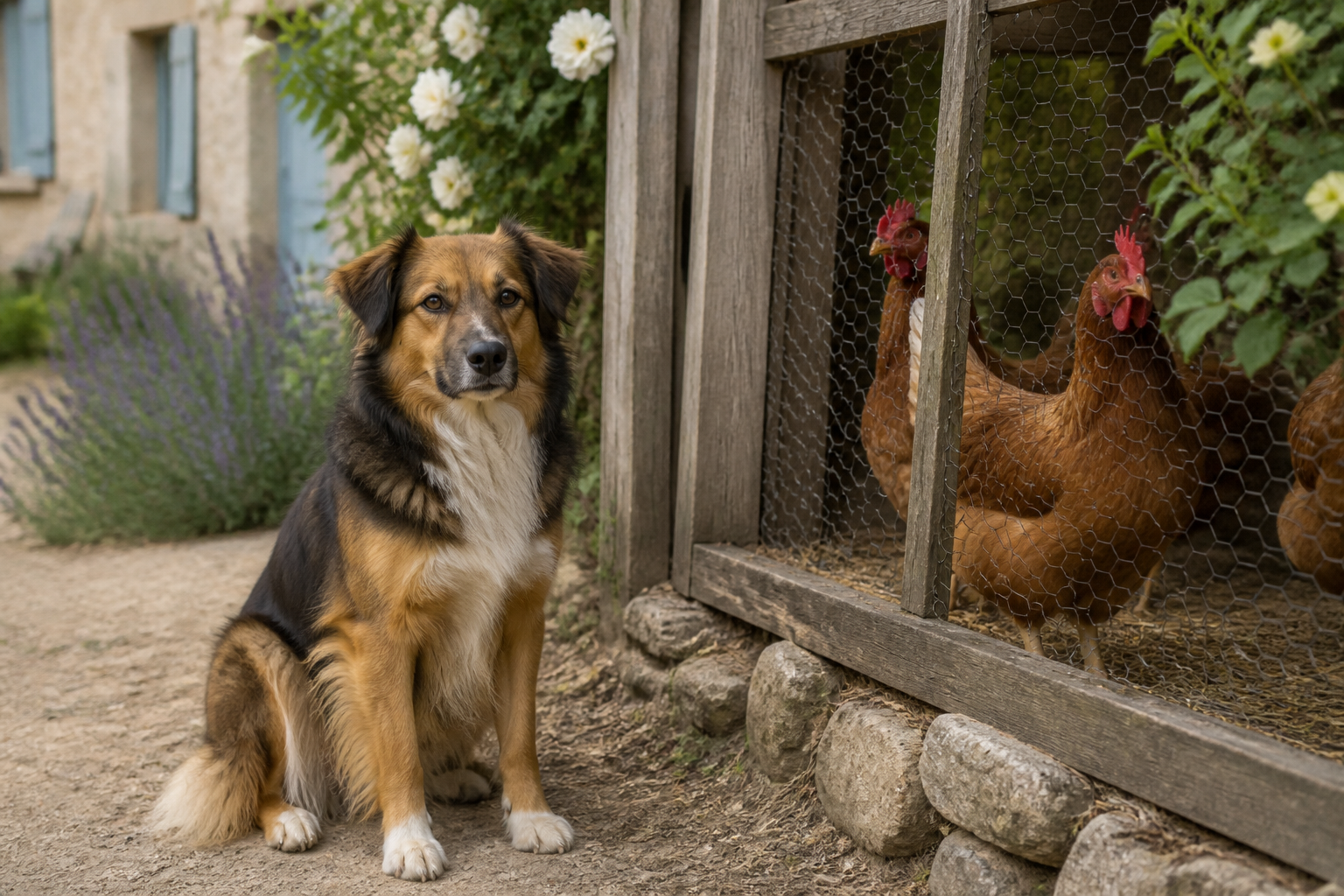 Chien et poules cohabitation