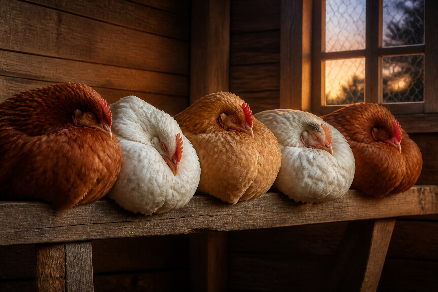Poules endormies sur le perchoir la nuit
